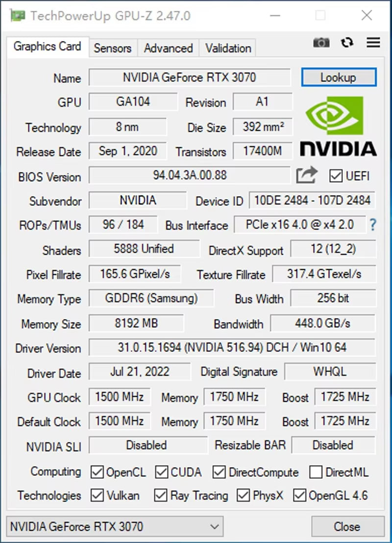 RTX 3070 8GB Graphics Card GDDR6 